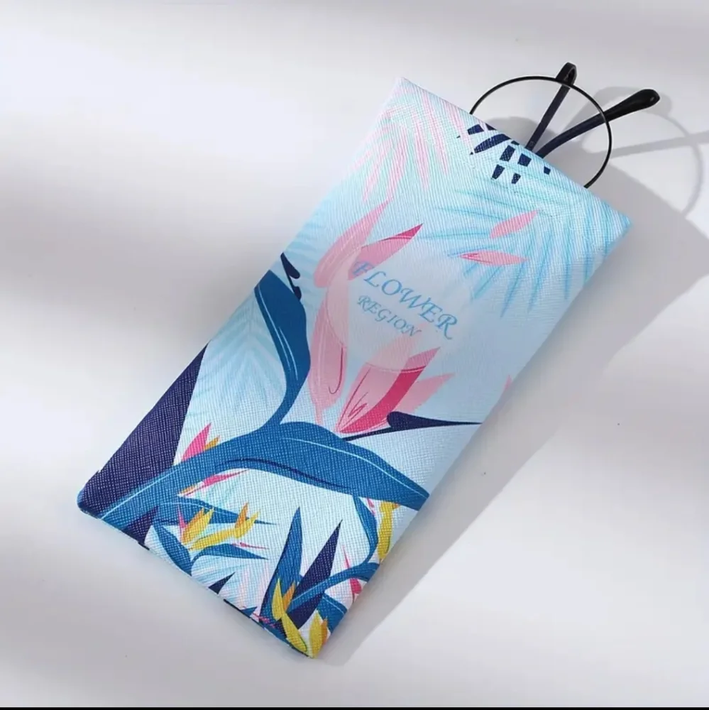 Colorful Design Glasses Pouch Soft Eyewear Sleeve PU Leather, Flower Blue